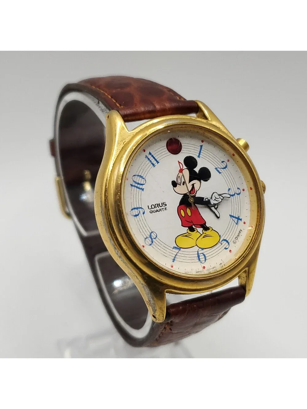 Vintage Lorus Mens Watch 36mm Mickey Mouse Musical Leather V52F-0A10 New Battery